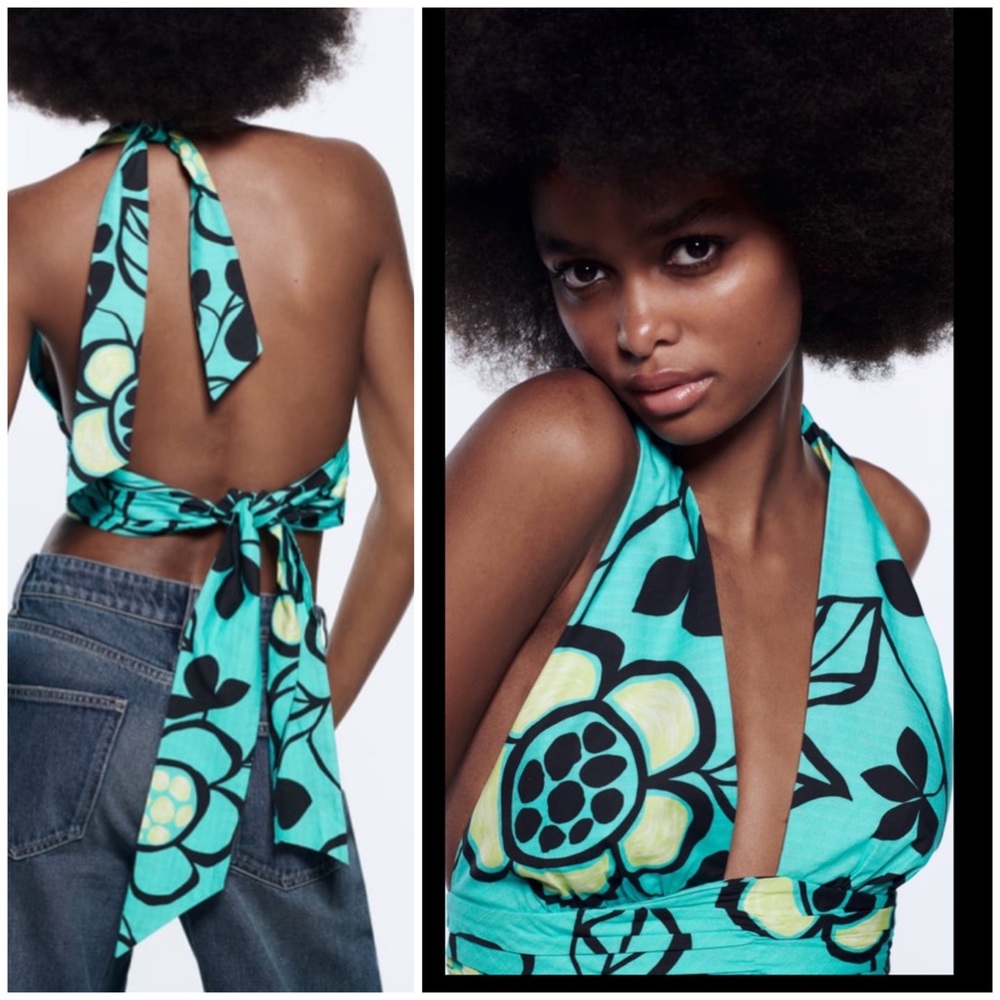 Zara neon blue printed halter top - Picture 2 of 14